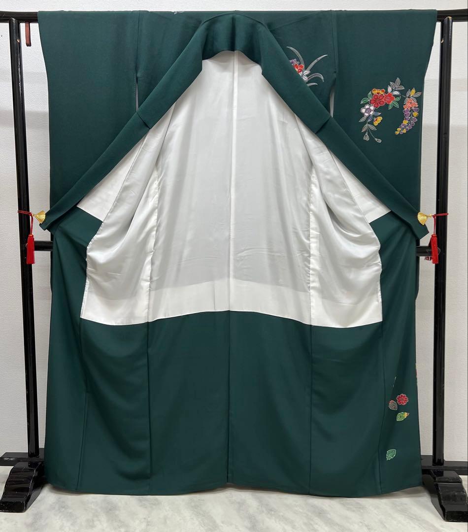 振り袖　フルセット　浜ちりめん　別誂長襦袢　深緑　個性的　友禅　成人式　717