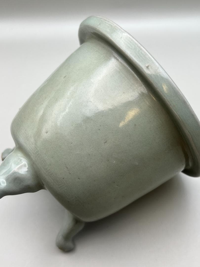 【海】李朝　青磁香炉　陰刻回字文　時代物　骨董品　李朝美術品