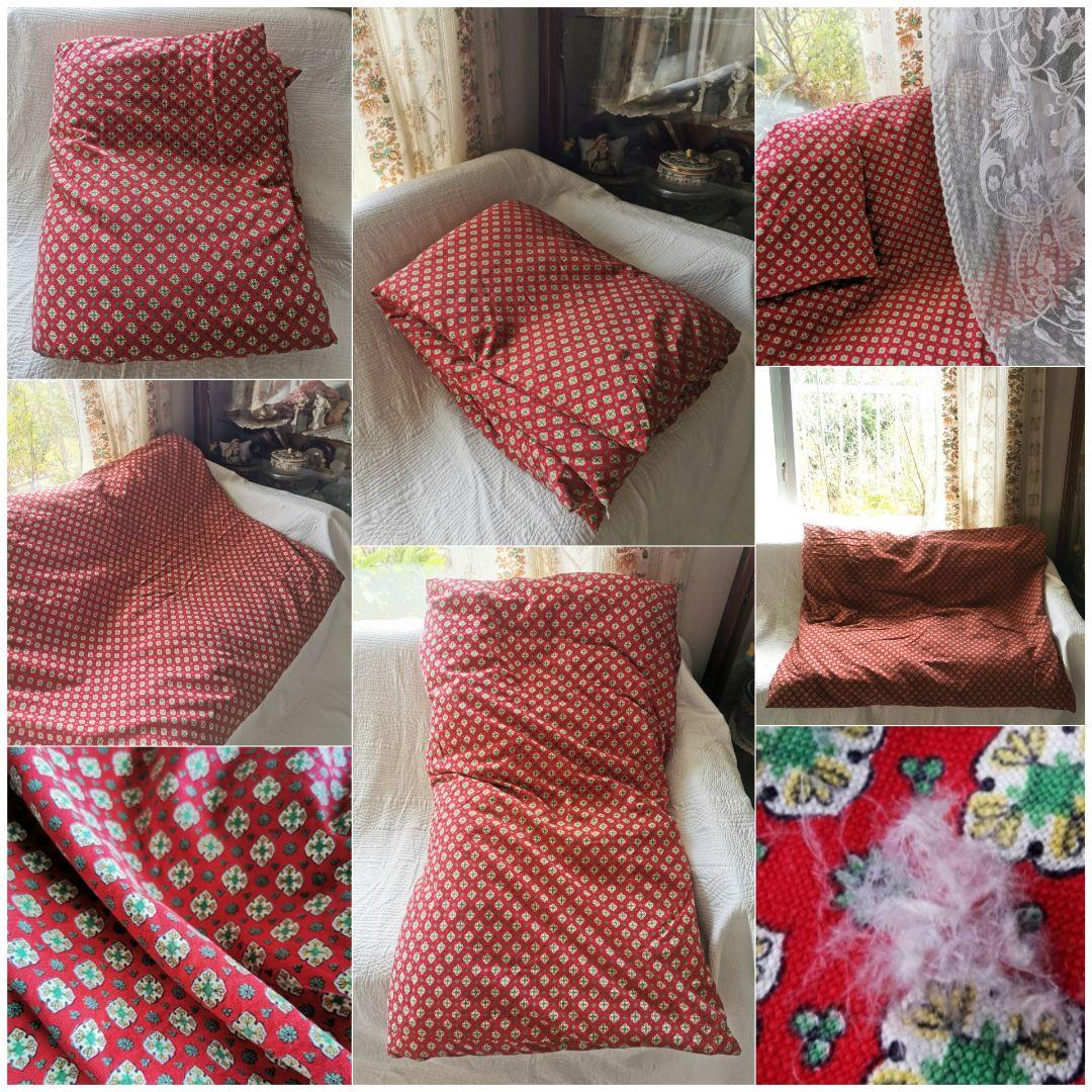 アンティークフランス 南仏プロヴァンス 羽毛フェザー/ダウン 花柄キルト 赤緑黄