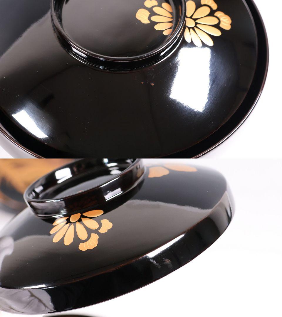 【CM402】天然木漆塗 菊桐鳳凰金蒔絵 黒塗 吸物椀 五客 昭和期 木製漆器