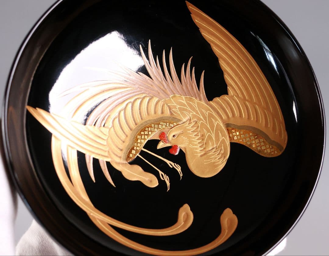 【CM402】天然木漆塗 菊桐鳳凰金蒔絵 黒塗 吸物椀 五客 昭和期 木製漆器