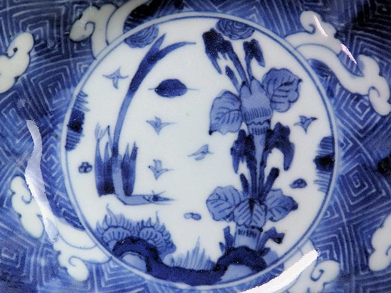 古伊万里　染付　雷紋に雲　花鳥紋の図　膾皿　２客　江戸期　E411AS-CEz