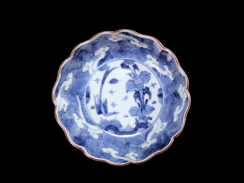 古伊万里　染付　雷紋に雲　花鳥紋の図　膾皿　２客　江戸期　E411AS-CEz