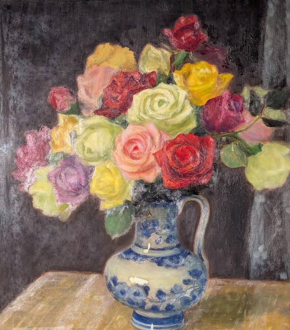【真作】絵画　長生玲子　油彩10号　花瓶のバラ　彩り豊か　箱・黄袋入　Y150