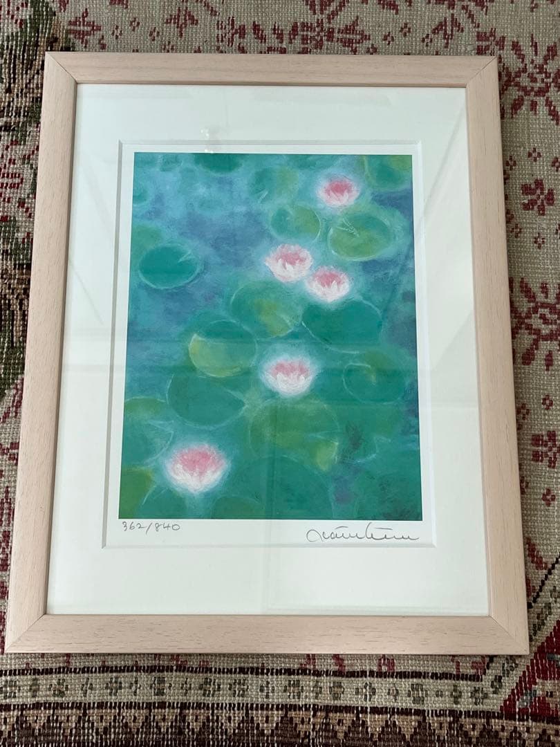 版画　限定　サイン、エデション番号有　額入り　蓮　グリーン系　ジニーキム　睡蓮