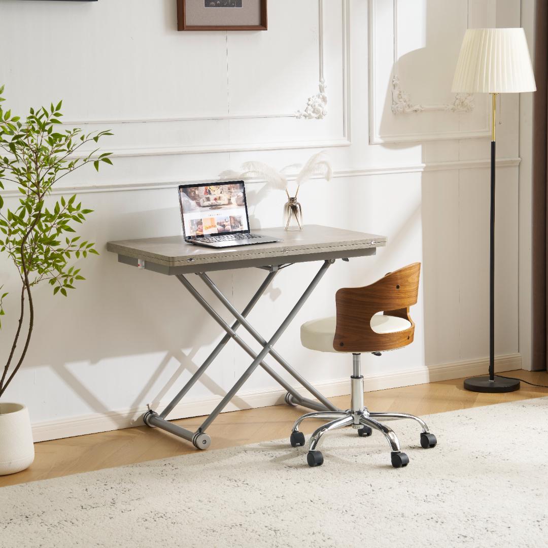 超人気！テーブル 天板が2倍に広がるガス圧昇降テーブル Grey