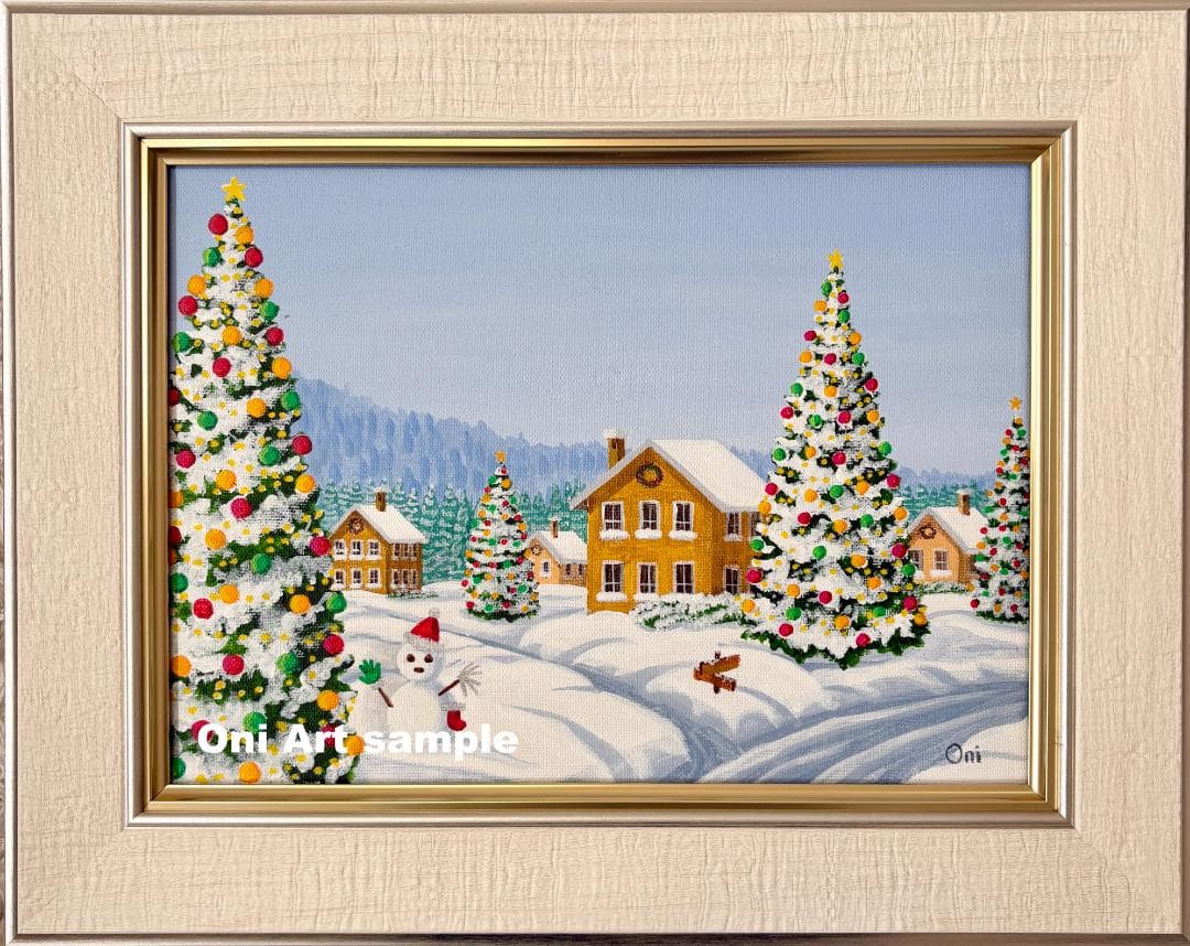アクリル画　原画　「クリスマスヴィレッジ01」額縁付き　F4サイズ　風景画
