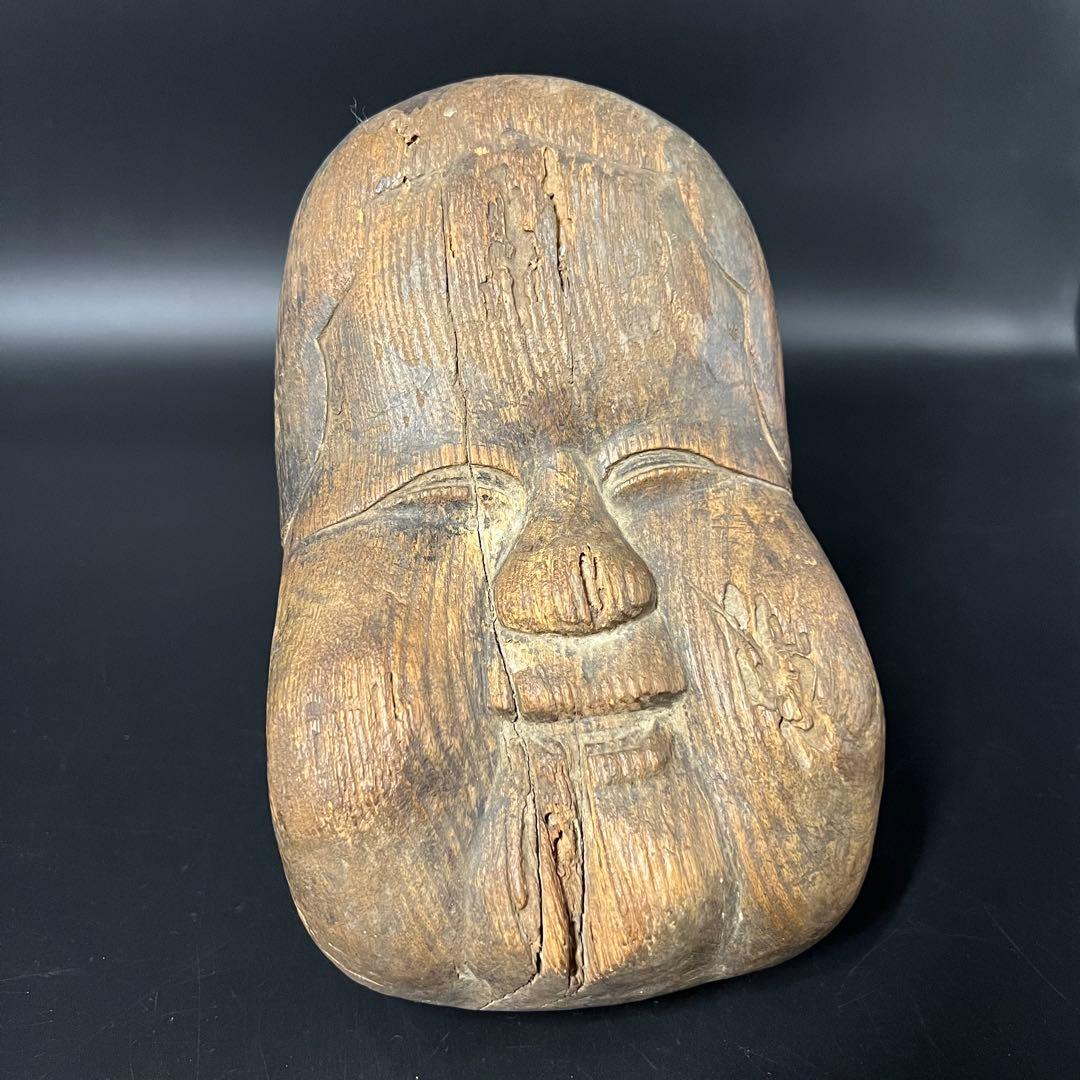 江戸時代 木彫 おかめ（阿亀）面 一木彫 民間信仰彫刻 古民藝美術品◎古美術庵々
