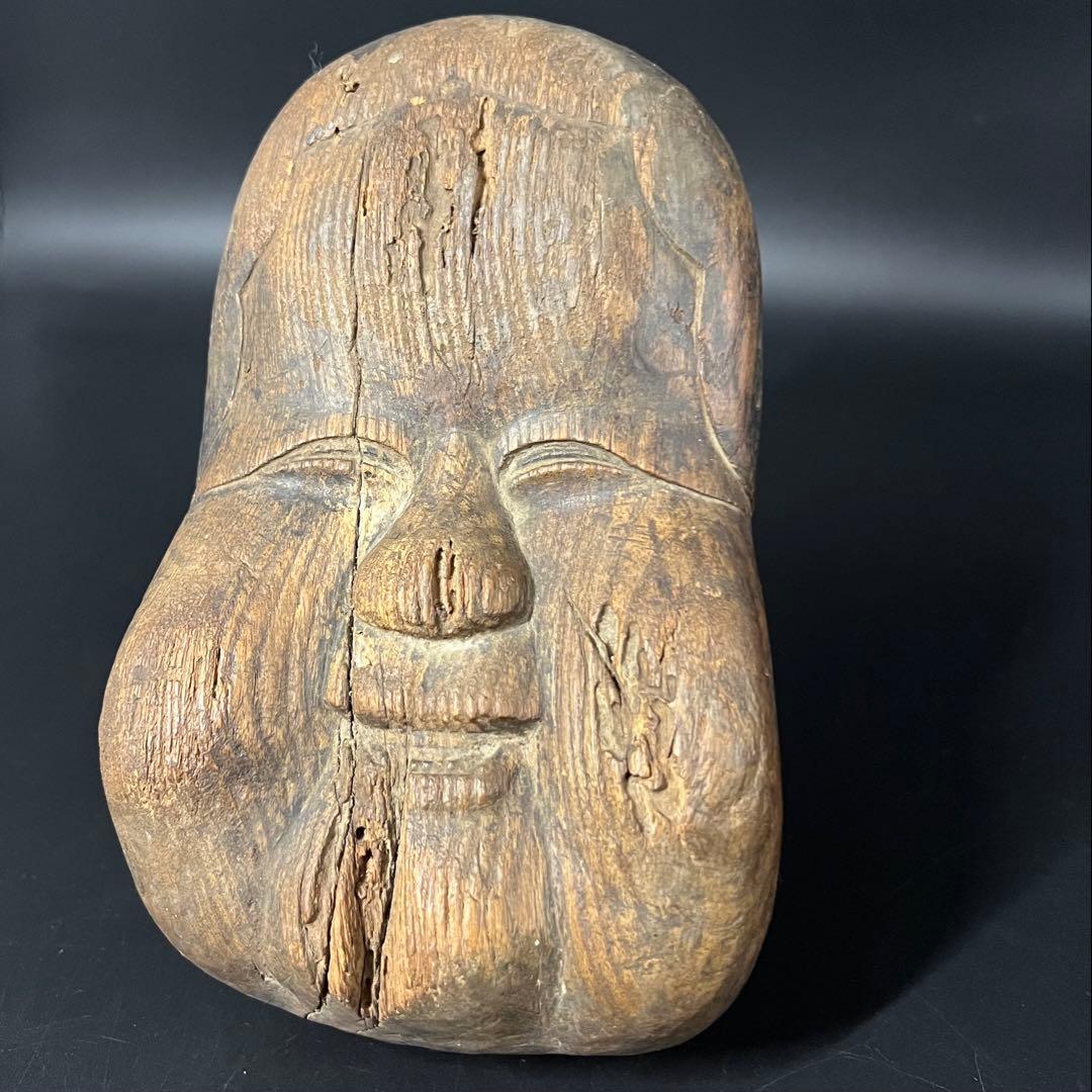 江戸時代 木彫 おかめ（阿亀）面 一木彫 民間信仰彫刻 古民藝美術品◎古美術庵々