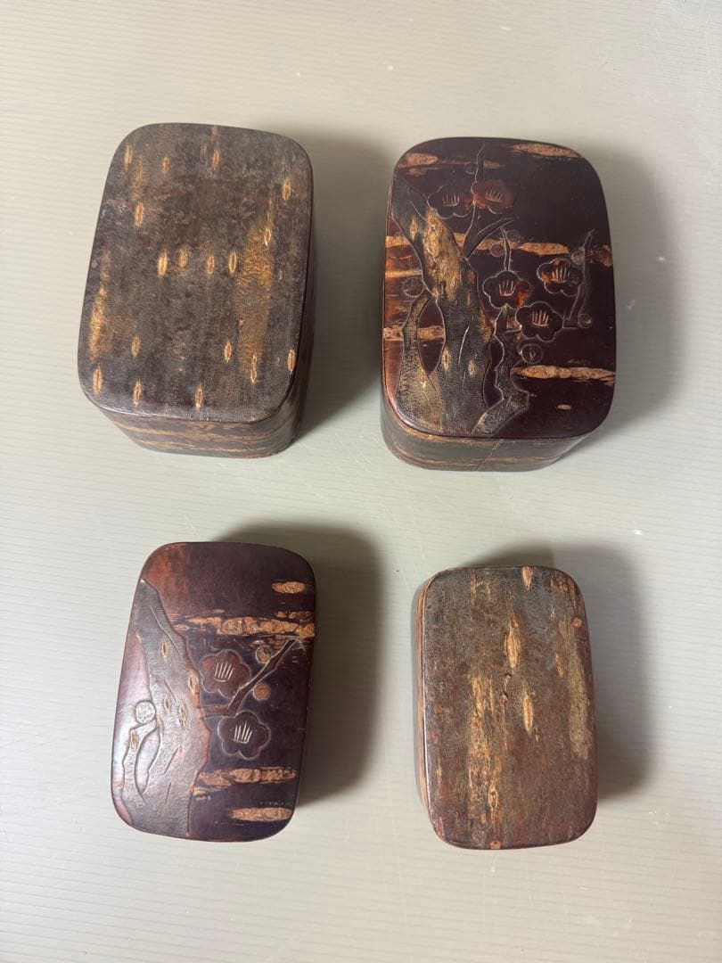 2354 桜皮細工　樺細工　蓋型小物入れ3客　茶入1客