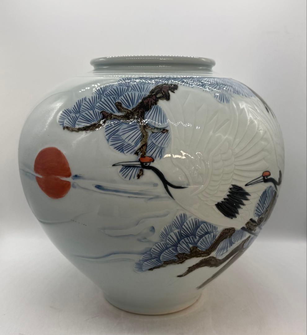 東岩　青華辰砂釉雲鶴紋大壺　浮き彫り模様　送料込み260124