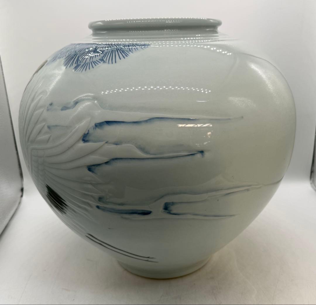 東岩　青華辰砂釉雲鶴紋大壺　浮き彫り模様　送料込み260124