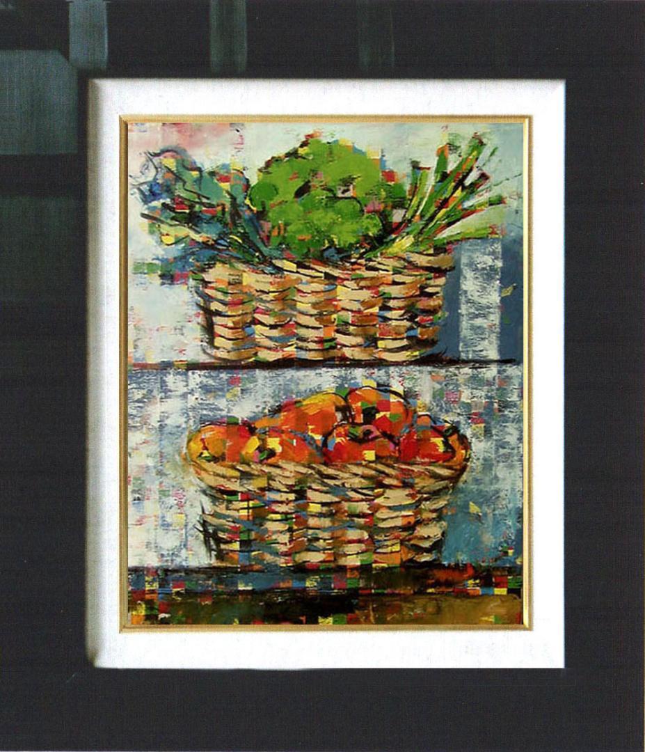 油絵菅家令子絵 絵画インテリア額付(青緑＋金色の枠)uF6-060903静物野菜