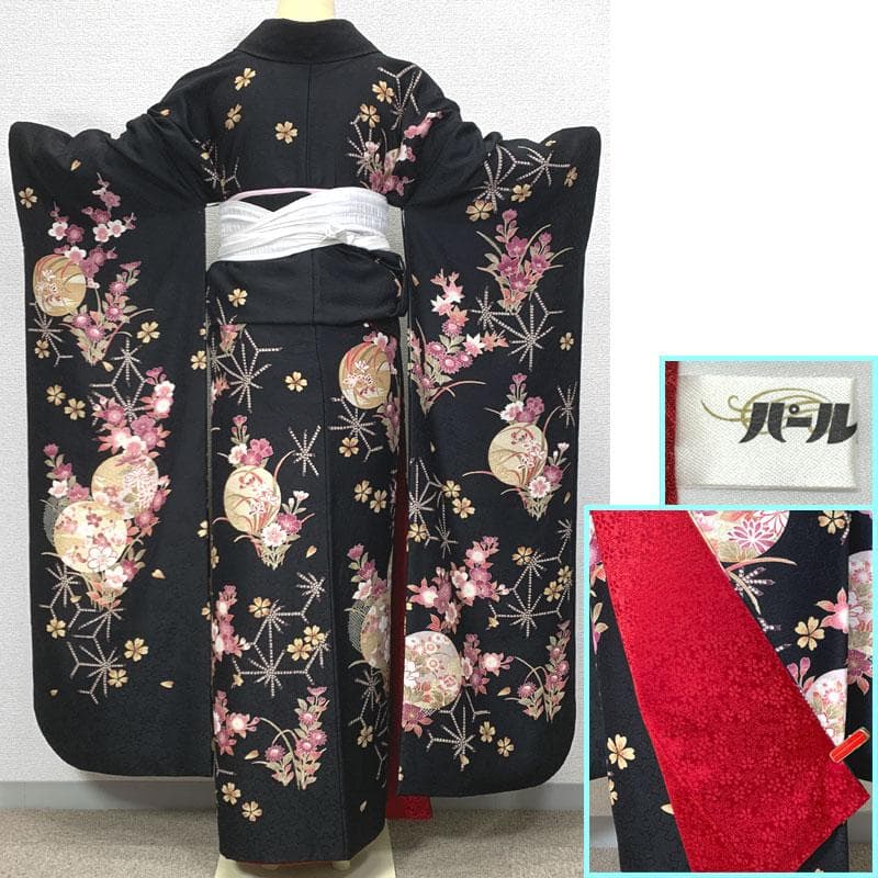 511z36〇振袖 地紋 桜 梅 丸文 黒 ピンク〇美品 成人式 結婚式