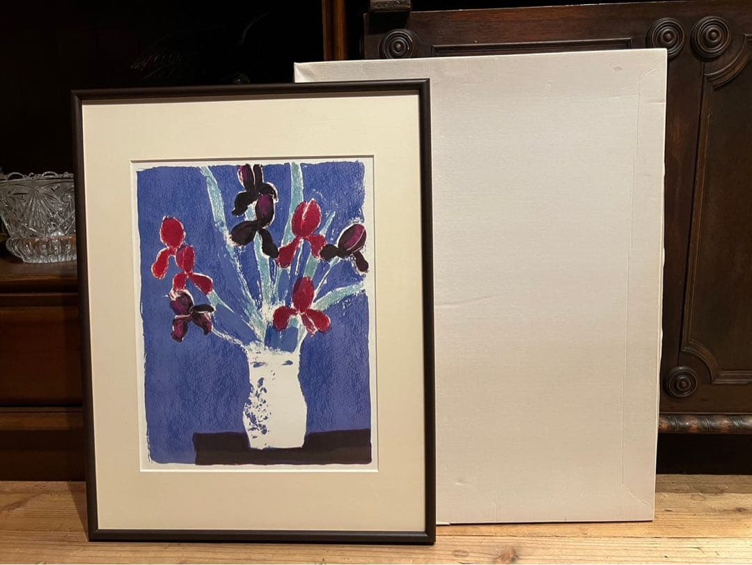 ベルナール カトラン 青い背景のアイリスの花束 2枚 セット 額縁 アート