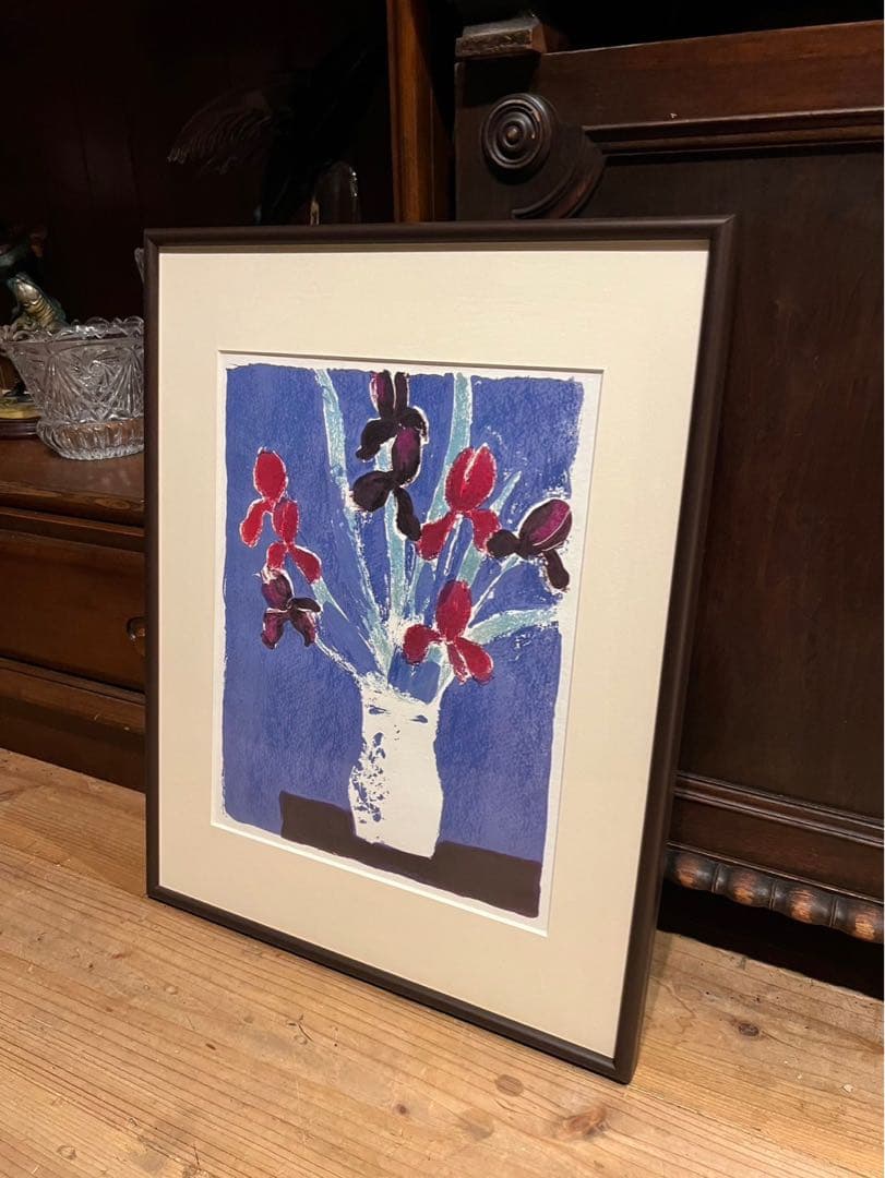 ベルナール カトラン 青い背景のアイリスの花束 2枚 セット 額縁 アート