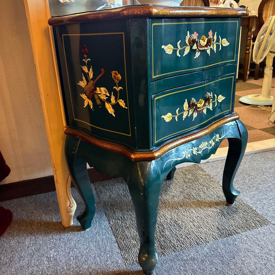 ロココ調チェスト ダークグリーン 2段引き出し　時計付き