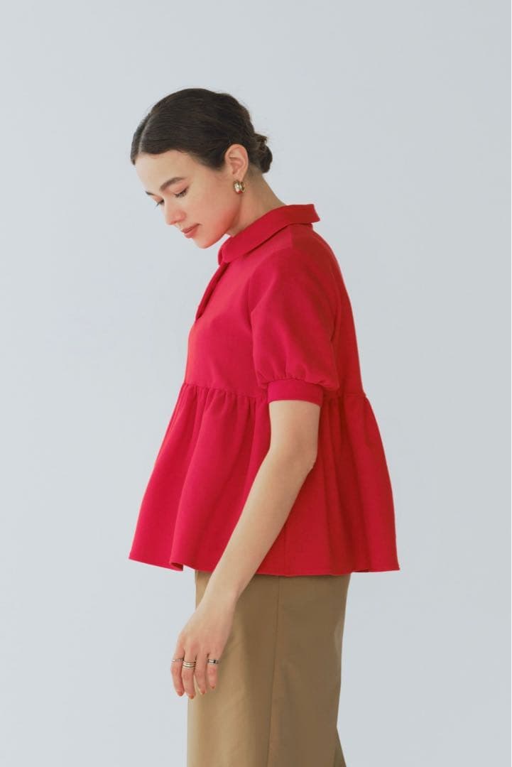【試着のみ】 yori オーガニックコットンパイルポロカットソー 36 レッド