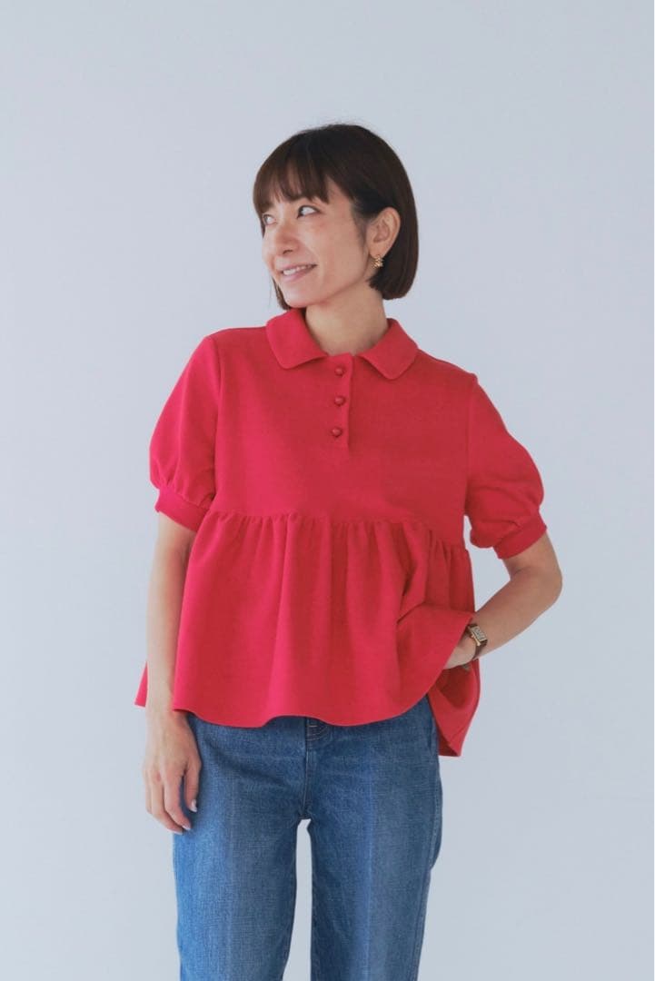 【試着のみ】 yori オーガニックコットンパイルポロカットソー 36 レッド