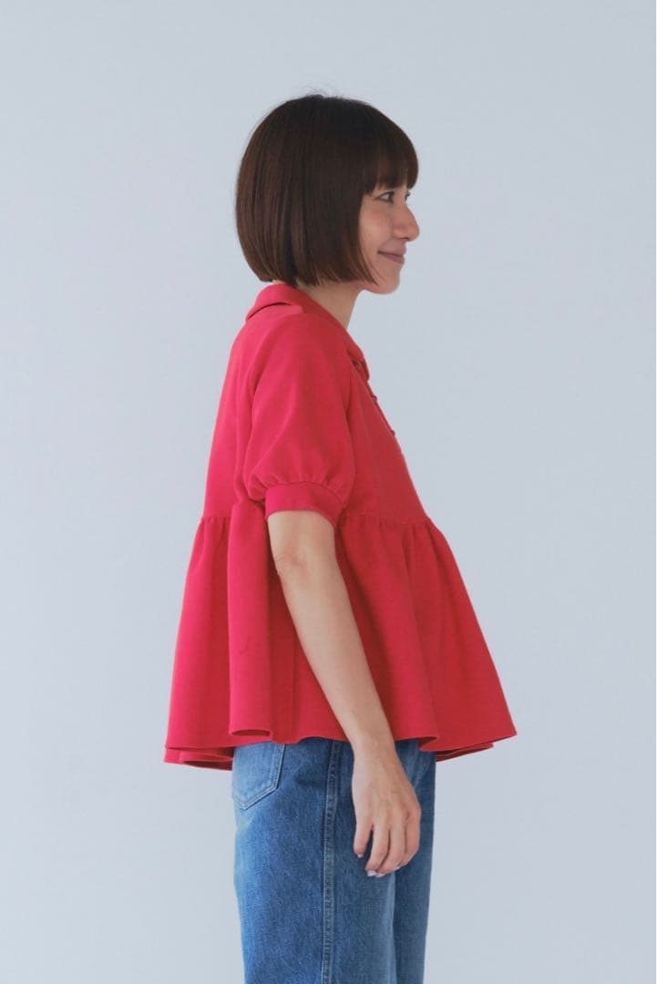 【試着のみ】 yori オーガニックコットンパイルポロカットソー 36 レッド