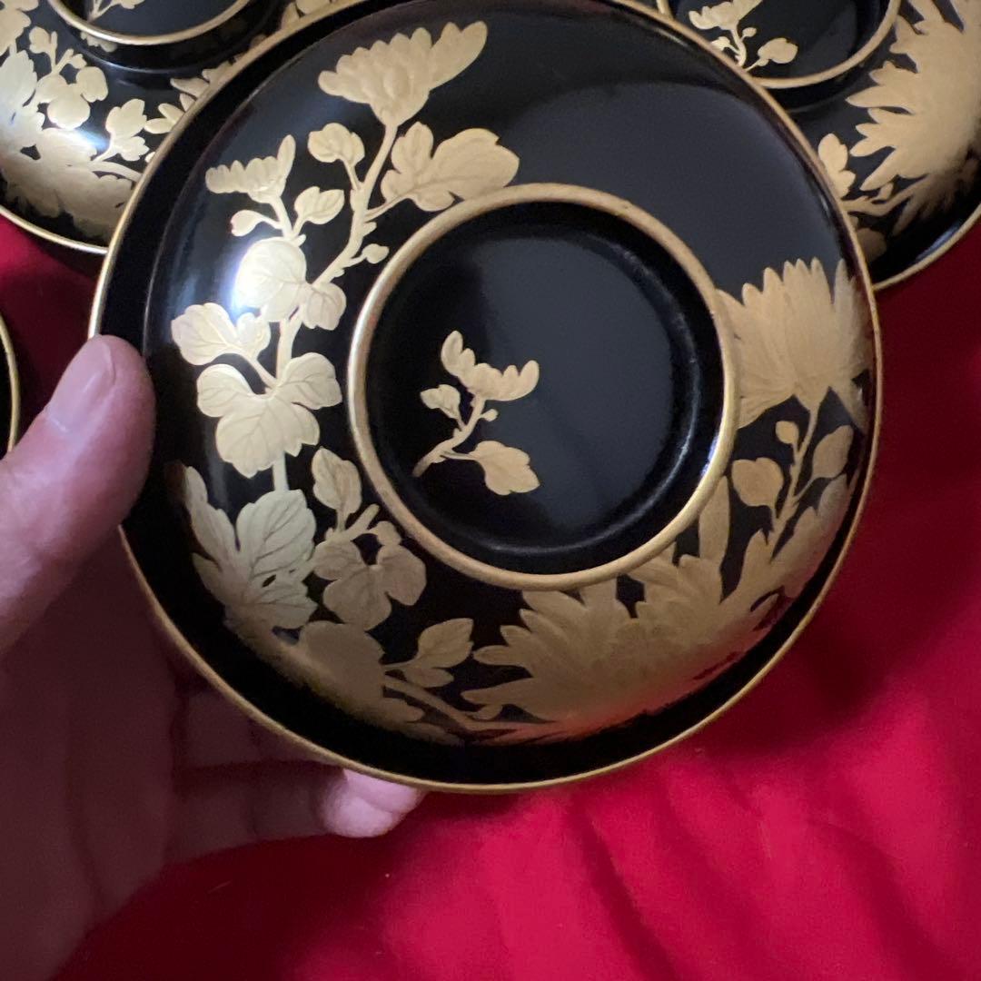 美品 輪島塗 菊 蒔絵 吸物碗 10客 漆器 (内一客蓋に割れあり)