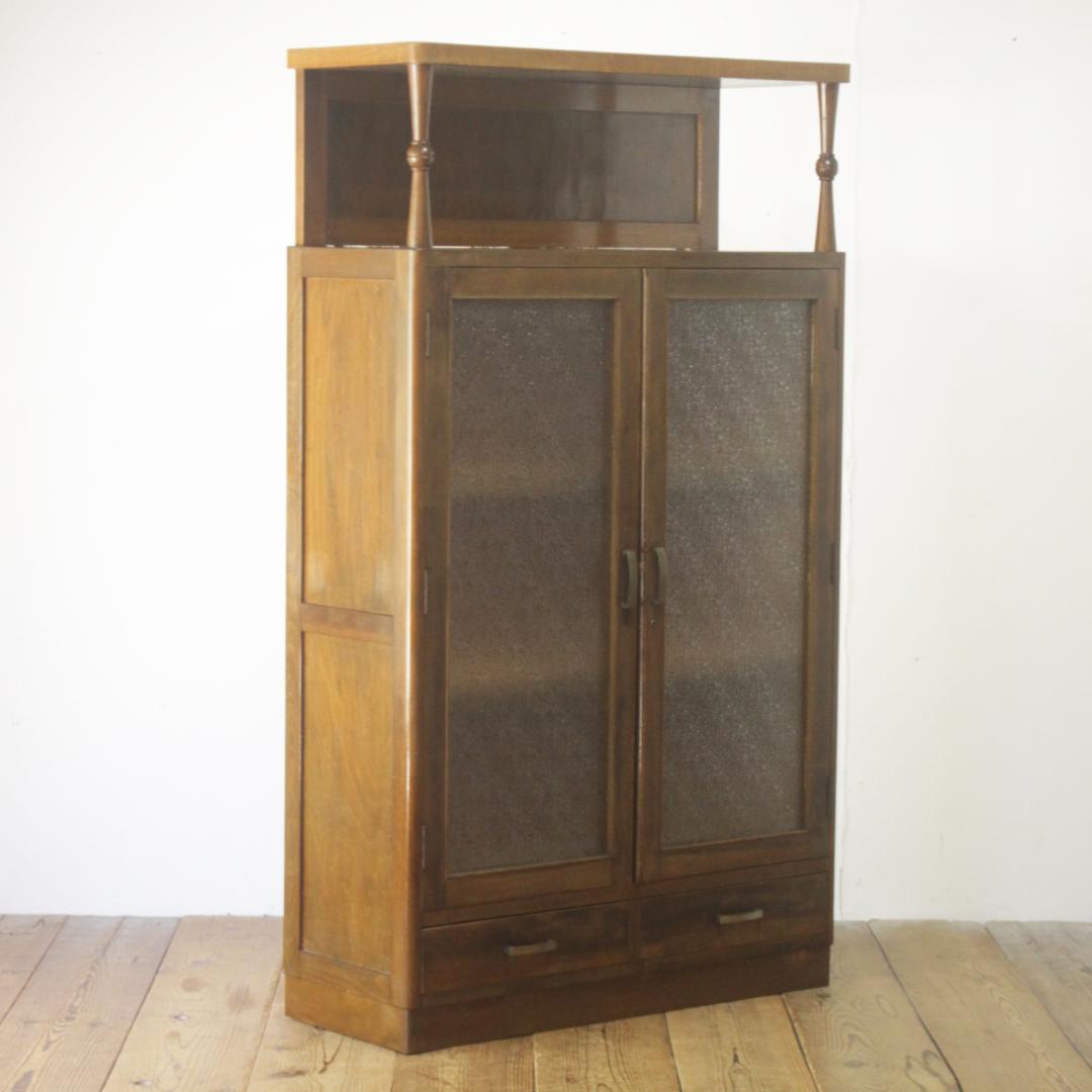 レトロ ガラスキャビネット 本箱 収納 食器棚 ダイヤガラス 引き出し 2杯