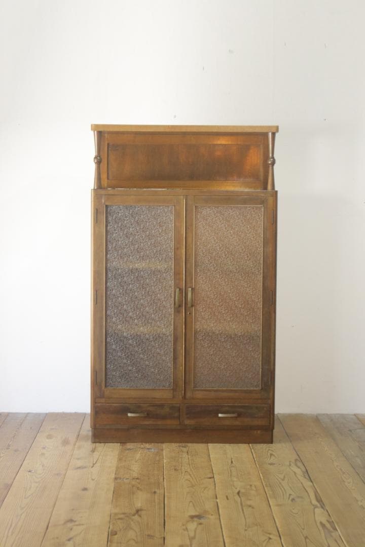 レトロ ガラスキャビネット 本箱 収納 食器棚 ダイヤガラス 引き出し 2杯