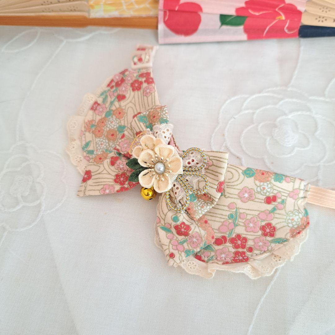 うささ、和風つまみ細工(クリーム)わんちゃん猫ちゃん用襟付き首輪