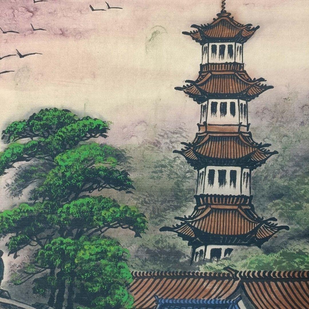 中国水墨画 掛け軸 关山月 山水図 中堂 証書付き 装裱済み／鑑賞用