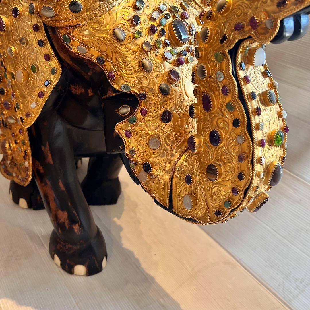 鑑定書あり　希少　中国美術 木彫 宝石飾 特大 象 置物 飾り物 インテリア