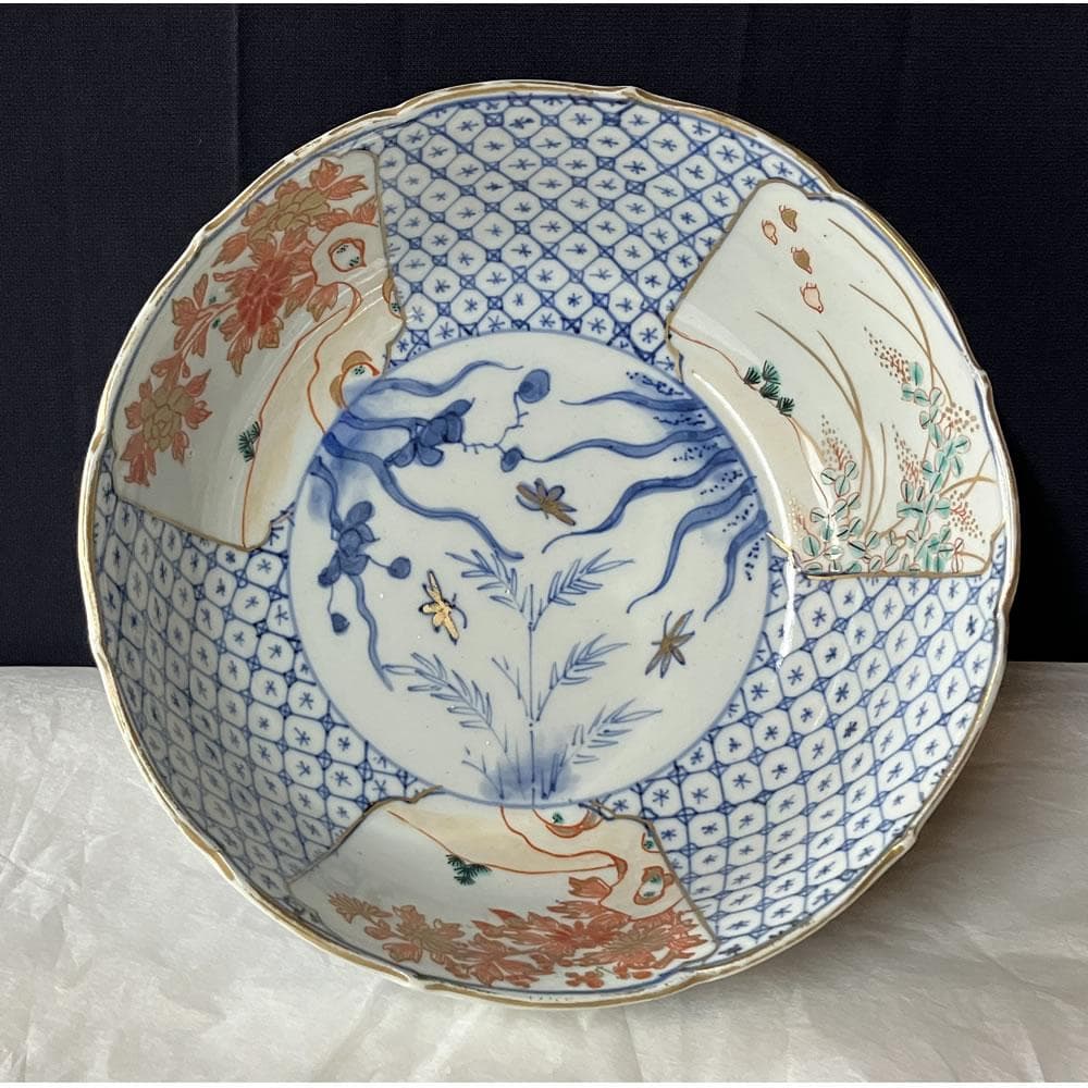 y039 古伊万里 色絵 鉢 五客 冨貴長春 口径18.5cm