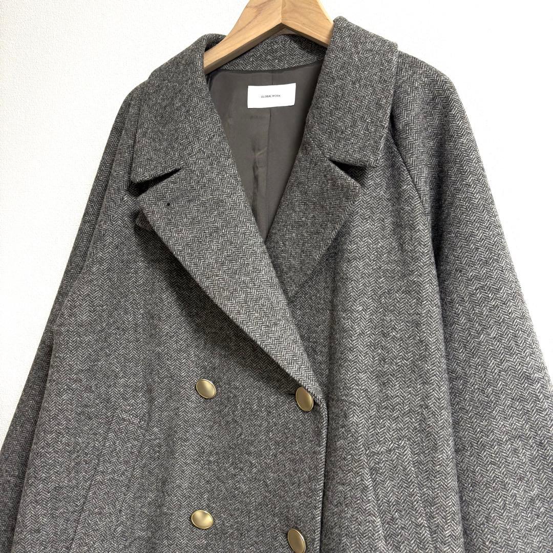 グローバルワーク✨軽やかストレッチ襟2WAYミドルコート　グレーミニヘリンボーン