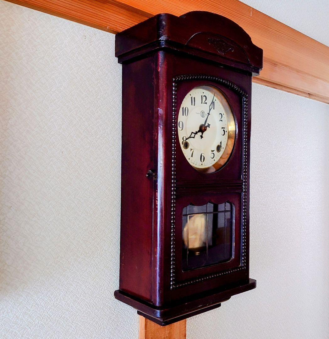 〈完動・美品〉鶴巻時計店英工舎　大正浪漫筋硝子宮型ゼンマイ振り子時計 　古時計