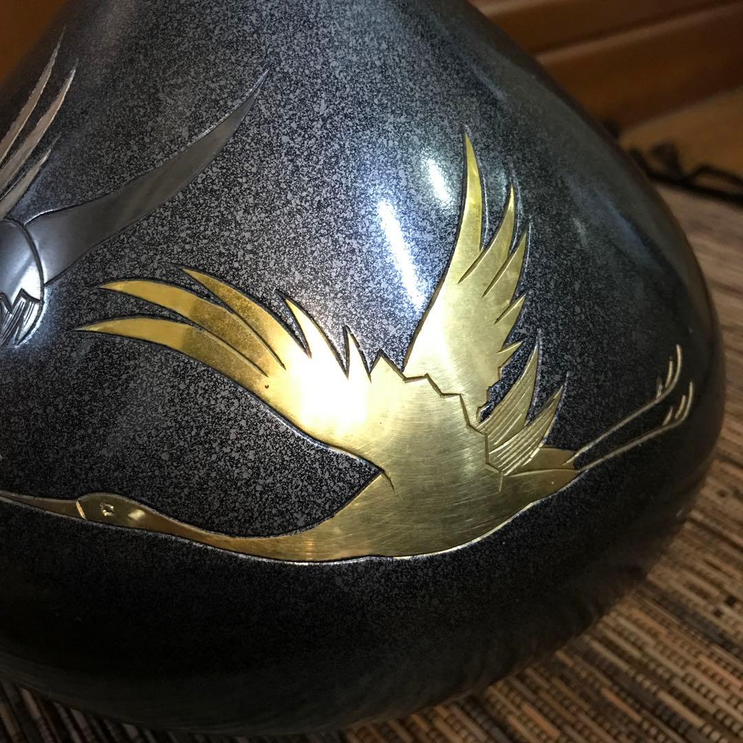 ★ 鶴の彫刻壺　花器　骨董　銅製壺　アンティーク　銅器壺