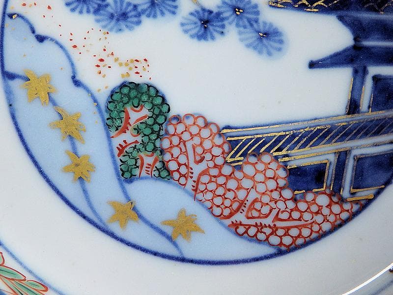 大聖寺伊万里　色絵　松に邸宅の図　縁高４寸皿　５枚　C595AS-BRq