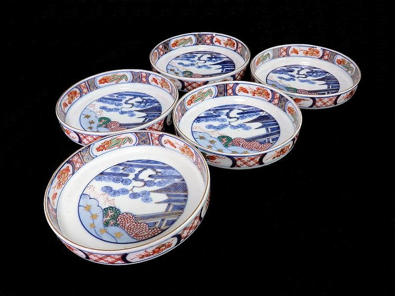 大聖寺伊万里　色絵　松に邸宅の図　縁高４寸皿　５枚　C595AS-BRq