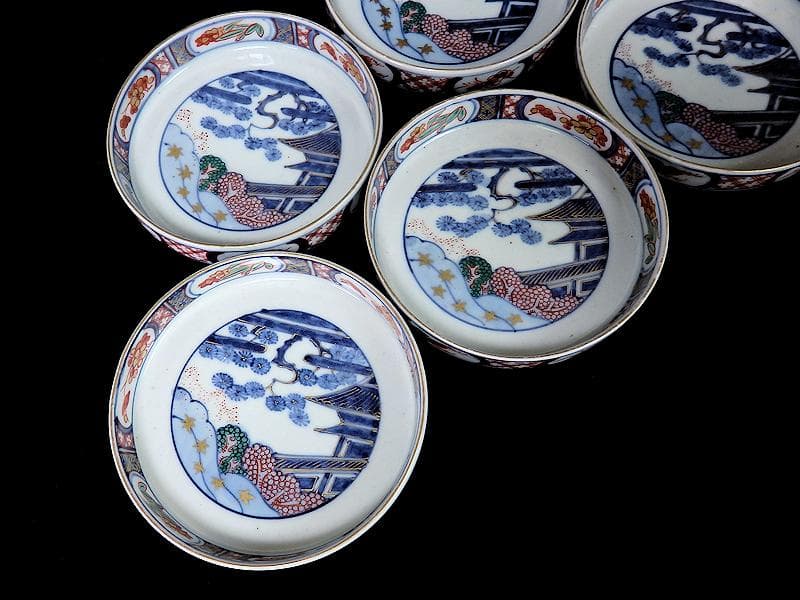 大聖寺伊万里　色絵　松に邸宅の図　縁高４寸皿　５枚　C595AS-BRq