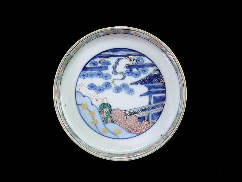 大聖寺伊万里　色絵　松に邸宅の図　縁高４寸皿　５枚　C595AS-BRq