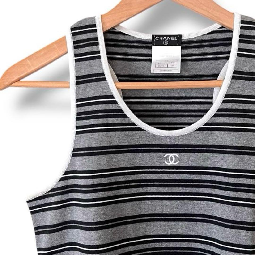 シャネル ココマーク ボーダー タンクトップ グレー 38 コットン