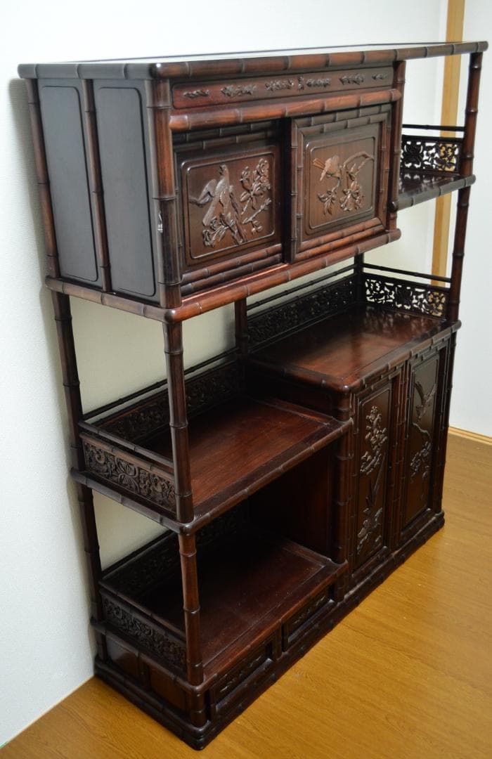 アンティーク　唐木 紫檀 無垢 花鳥 細密彫刻 開戸 引出 飾棚 150㎝