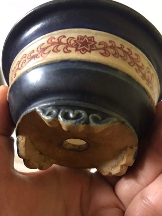 盆栽鉢　時代絵付けミニ盆栽鉢10.5x5.5cm丸雲足池上美豊ん