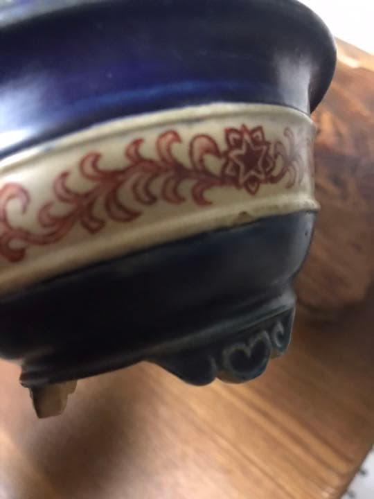 盆栽鉢　時代絵付けミニ盆栽鉢10.5x5.5cm丸雲足池上美豊ん