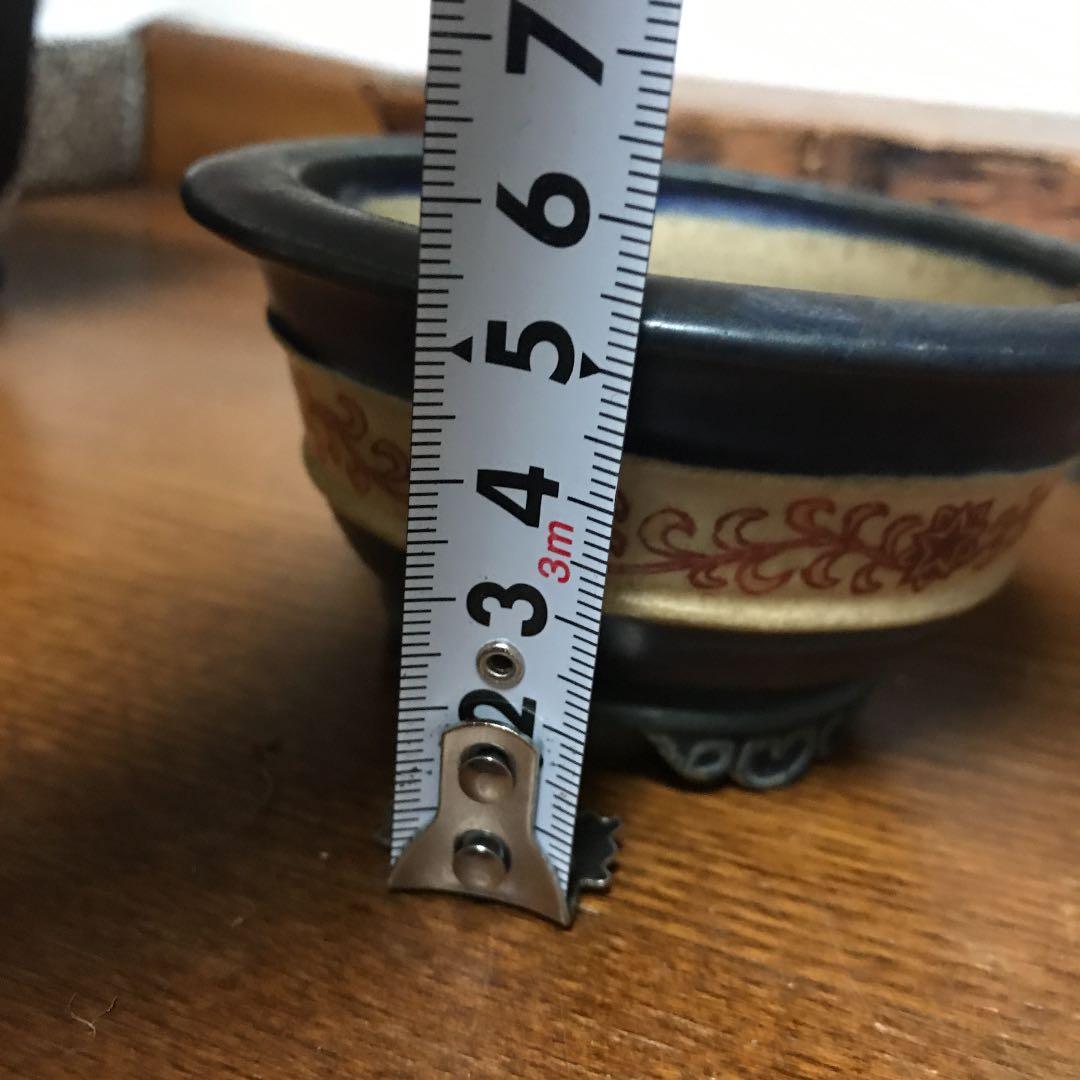 盆栽鉢　時代絵付けミニ盆栽鉢10.5x5.5cm丸雲足池上美豊ん