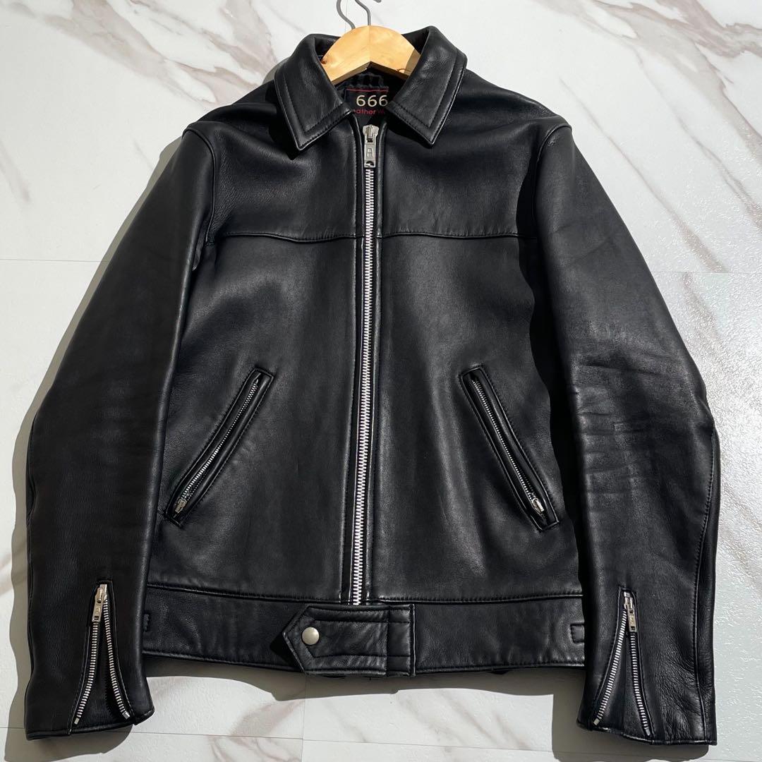 666 シングルライダースジャケット　タイトフィット　レザー　本革　メンズ