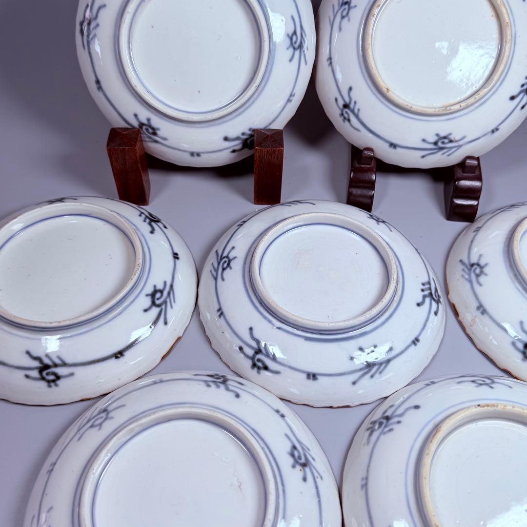 古伊万里　染錦　菖蒲　竹鳥図　直径12.3㎝　赤絵　6枚　古器を楽しむ