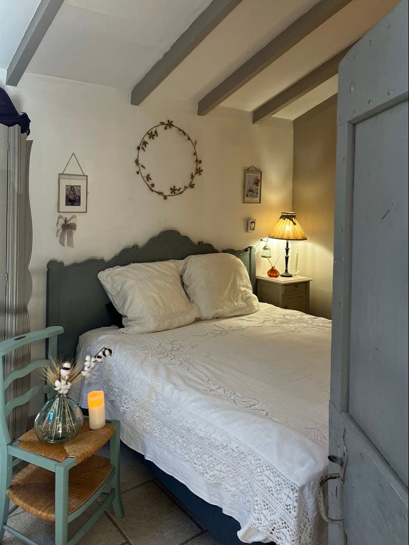 ◆フランスアンティーク｜手刺繍大判マルチクロスベットカバー白カーテンリボンレース