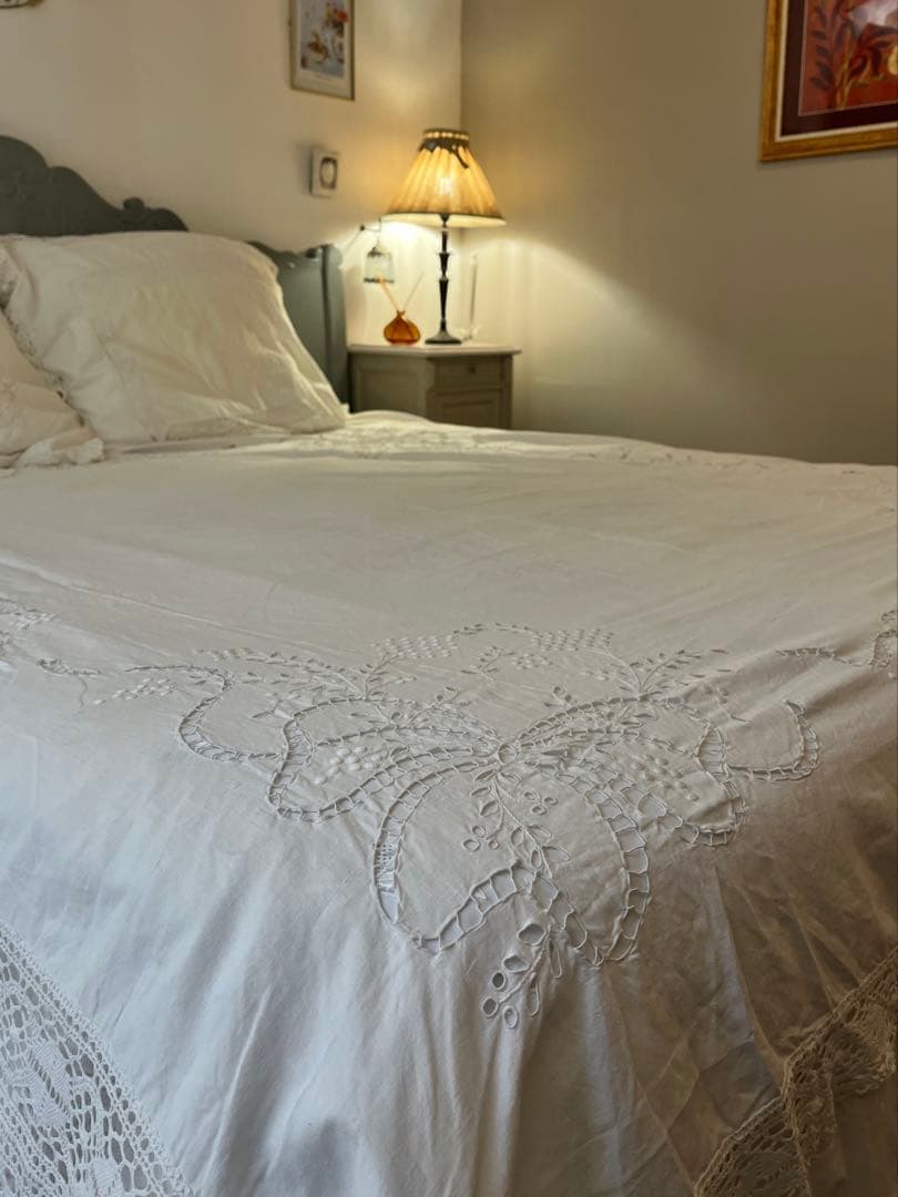 ◆フランスアンティーク｜手刺繍大判マルチクロスベットカバー白カーテンリボンレース