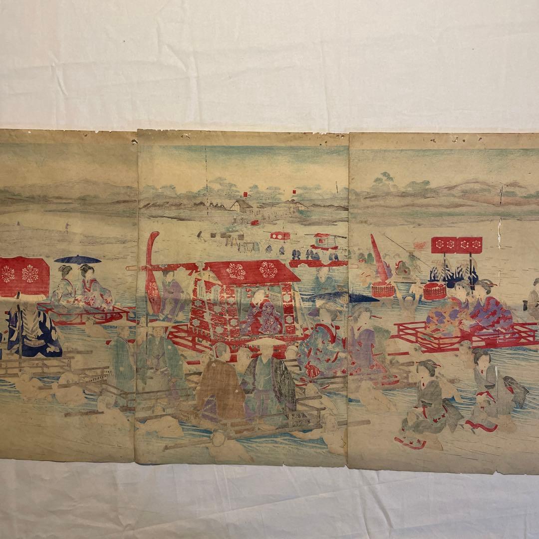 東洲勝月 作「観古 東錦 幕府道中川越之図 」錦絵三枚続3枚、明治22年7月