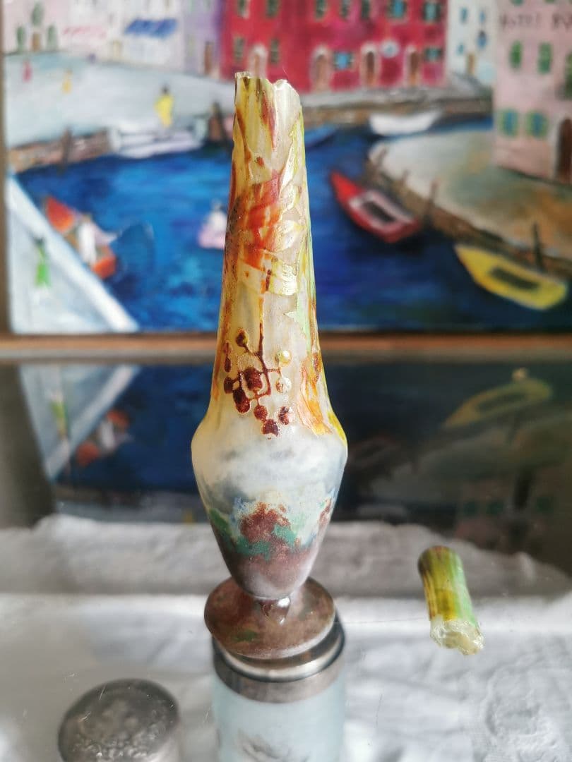 アンティークドームナンシー 木の実 色被せガラス 異色熔込花瓶 パートドヴェール