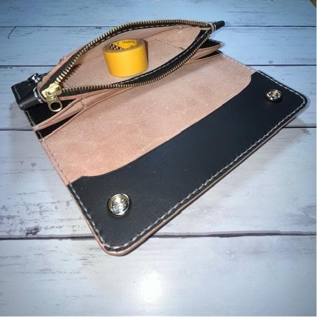 あ、 ロングトラッカーウォレット/姫路レザー茶芯黒色/ステッチ白色